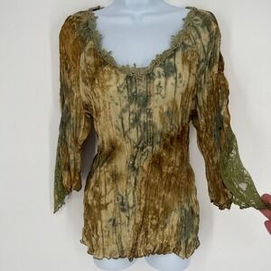 Vintage Womens Y2K Fairy Grunge Top Sz L Crinkly Goblincore Forest Brown Green